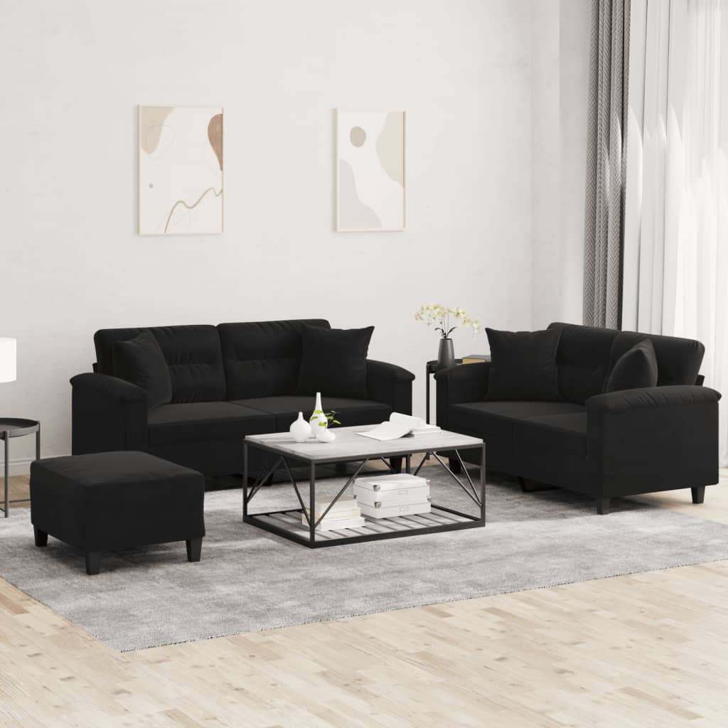 Set de canapele cu perne, 3 piese, negru, microfibră GartenMobel Dekor