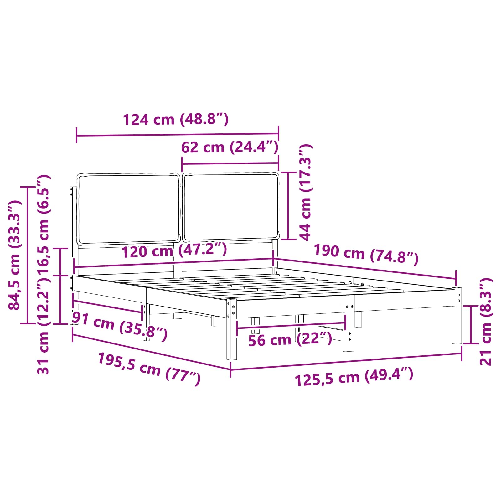 Cadru de pat cu tăblie tapițată Gri închis 120 x 190 cm GartenMobel Dekor
