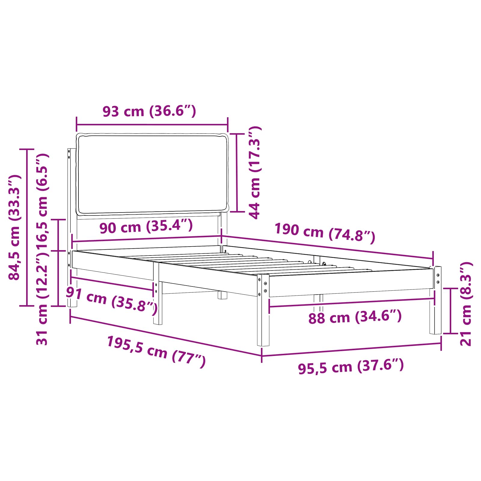 Cadru de pat cu tăblie tapițată Gri deschis 90 x 190 cm GartenMobel Dekor