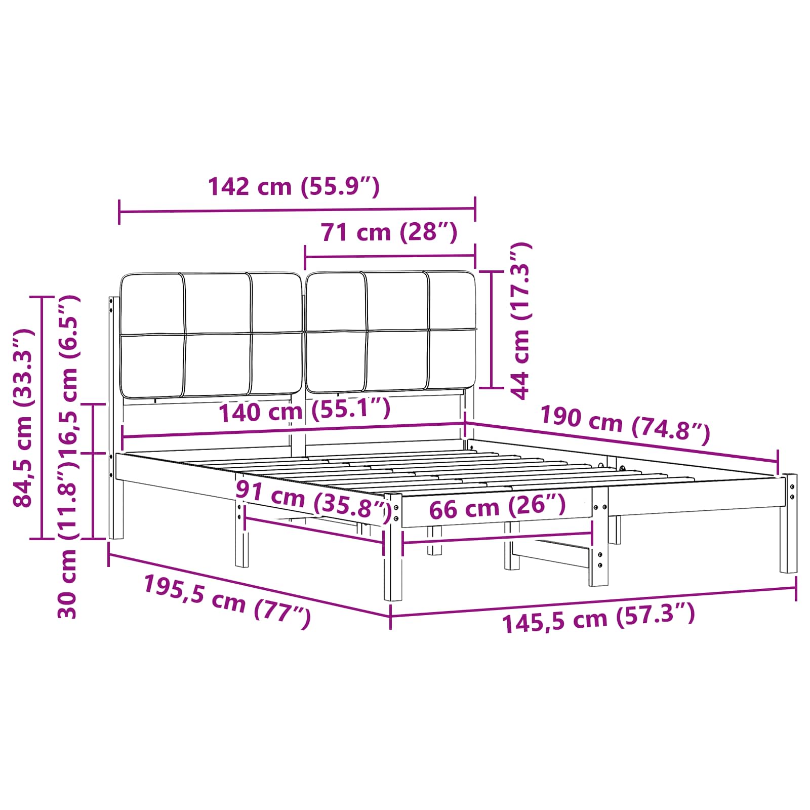 Cadru de pat cu tăblie tapițată cu headboard Negru 140 x 190 cm GartenMobel Dekor