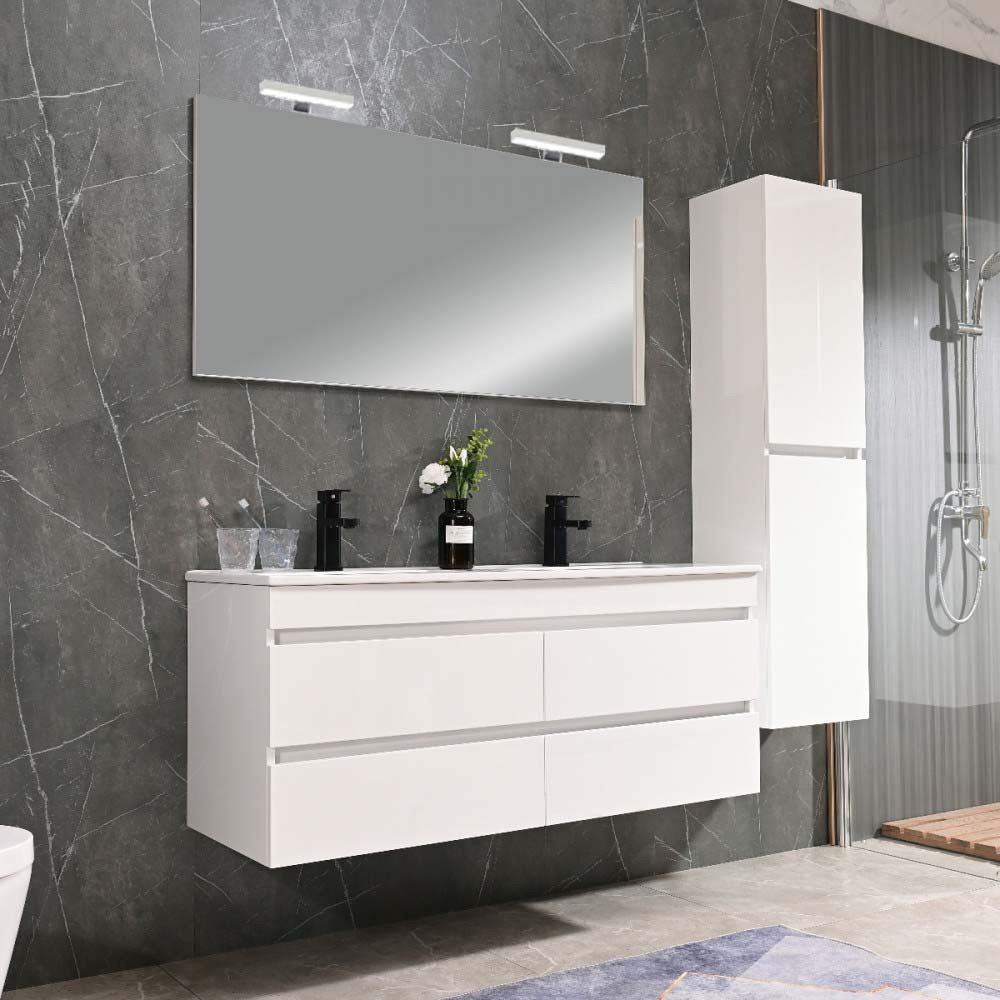 Leziter Mobilier de baie Cube 120 cm cu chiuvetă și oglindă ceramică 60x120 cm vopsit în alb lucios Mobalis Homvera