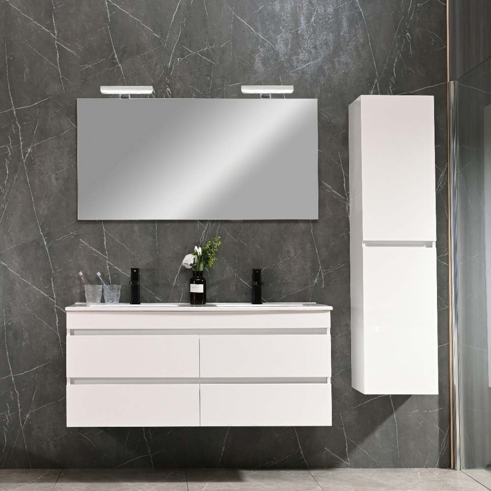 Leziter Mobilier de baie Cube 120 cm cu chiuvetă și oglindă ceramică 60x120 cm vopsit în alb lucios Mobalis Homvera