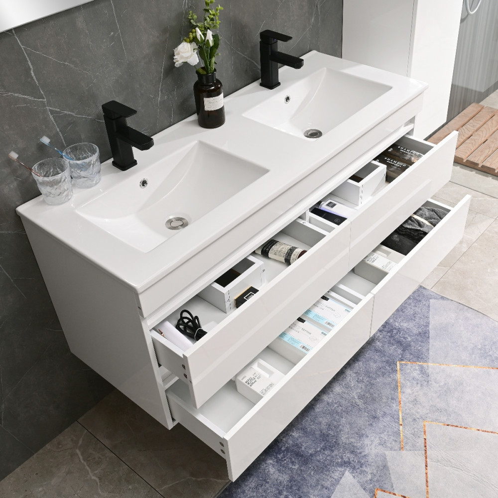 Leziter Mobilier de baie Cube 120 cm cu chiuvetă și oglindă ceramică 60x120 cm vopsit în alb lucios Mobalis Homvera