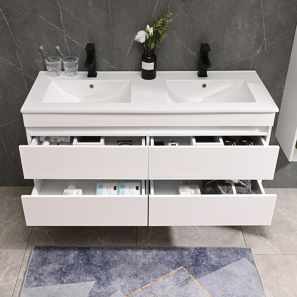 Leziter Mobilier de baie Cube 120 cm cu chiuvetă și oglindă ceramică 60x120 cm vopsit în alb lucios Mobalis Homvera