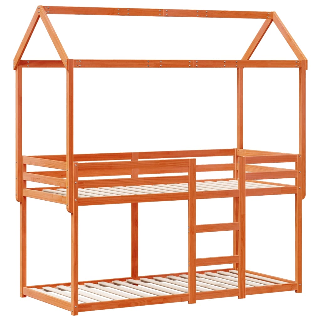 Pat supraetajat cu acoperiș maro ceruit 90x190cm lemn masiv pin GartenMobel Dekor