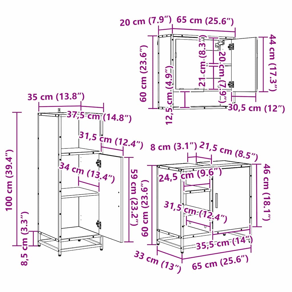 Set de mobilier pentru baie 3 pcs Stejar Negru Lemn compozit GartenMobel Dekor