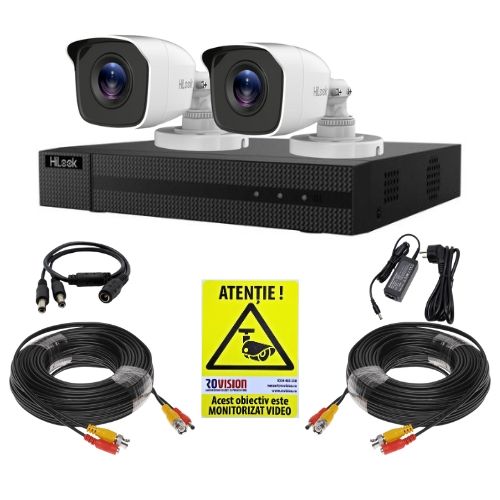 Kit supraveghere cu dectectie om/vehicul Hikvision Hilook, 2 camere 5MP, IR 20m, DVR 4 canale, Accesorii montaj, Vizualizare de pe mobil SafetyGuard Surveillance