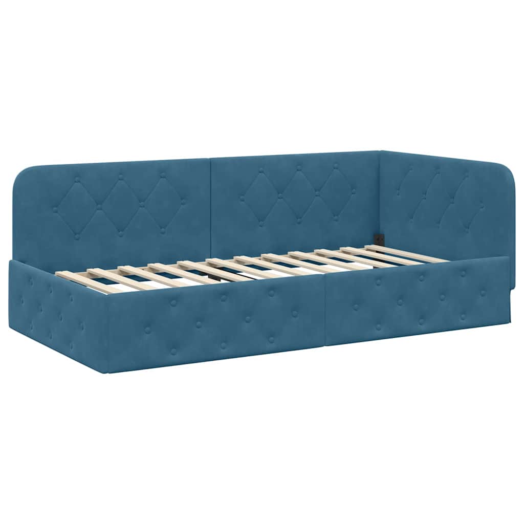 Cadru de pat colțar cu headboard albastru 100 x 200 cm Catifea GartenMobel Dekor