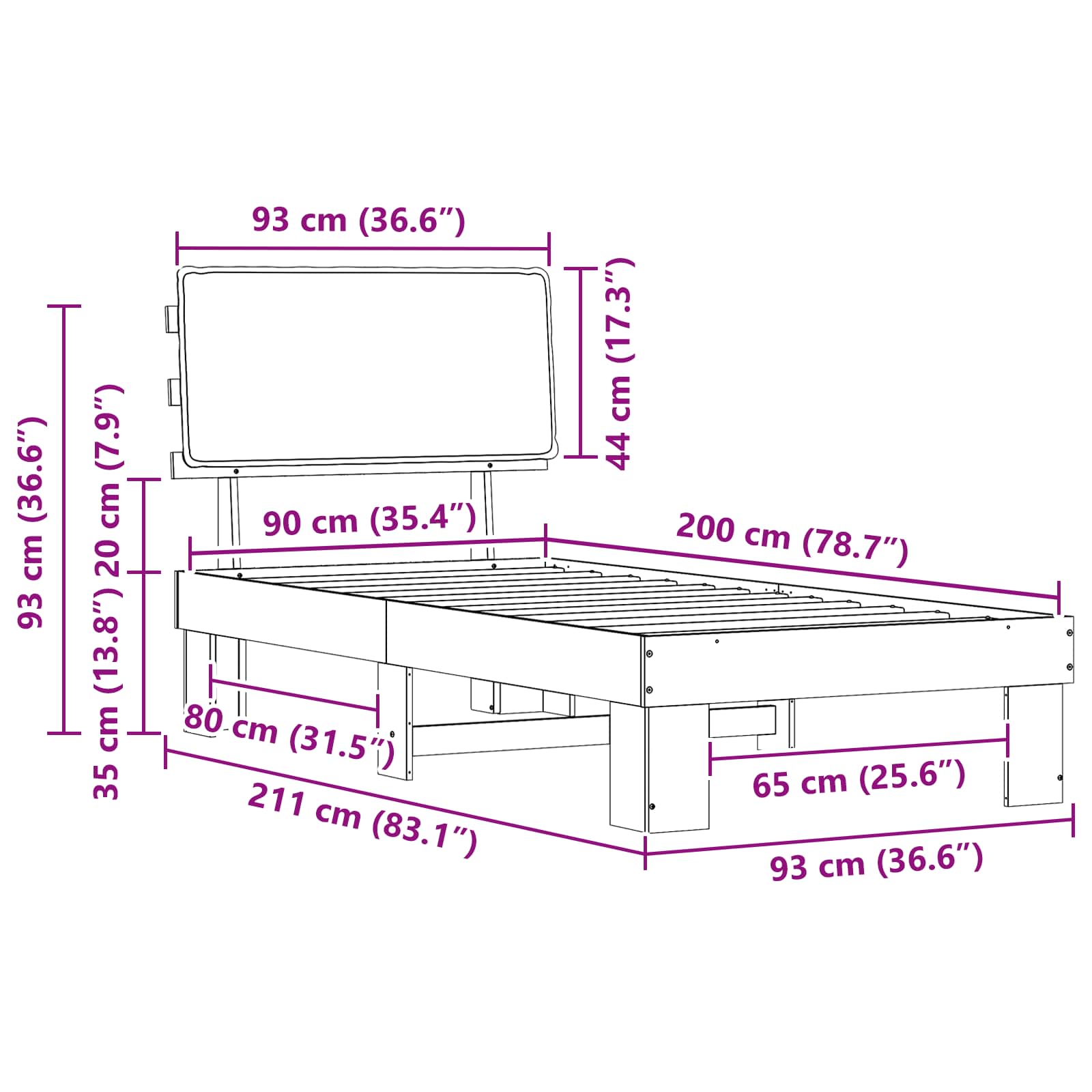 Cadru de pat cu tăblie tapițată Gri deschis 90 x 200 cm GartenMobel Dekor