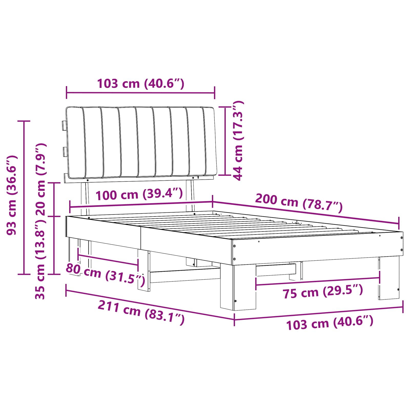 Cadru de pat cu tăblie tapițată Gri deschis 100 x 200 cm GartenMobel Dekor