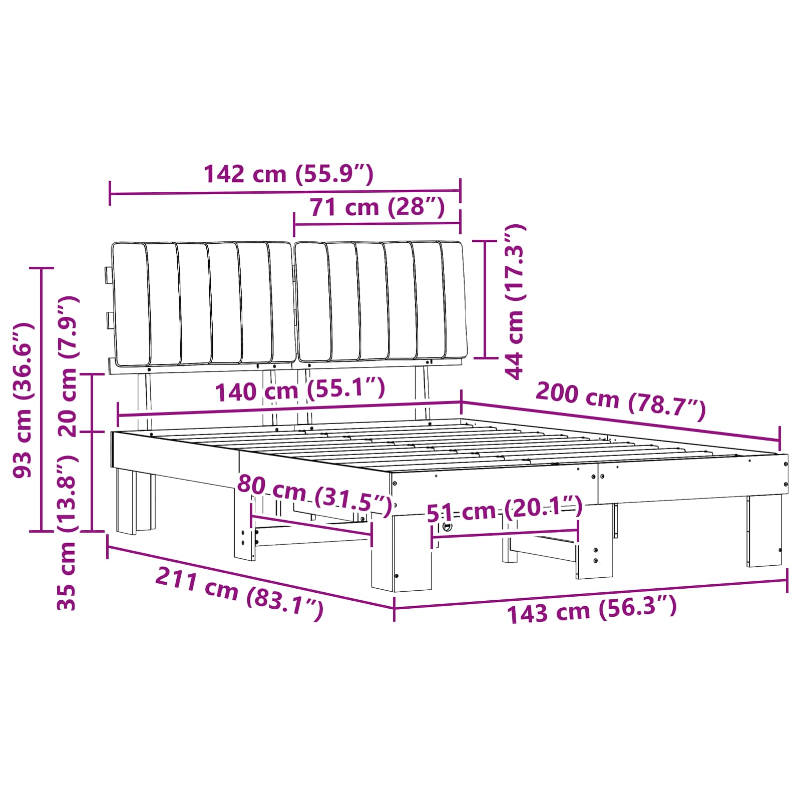 Cadru de pat cu tăblie tapițată Gri deschis 140 x 200 cm GartenMobel Dekor