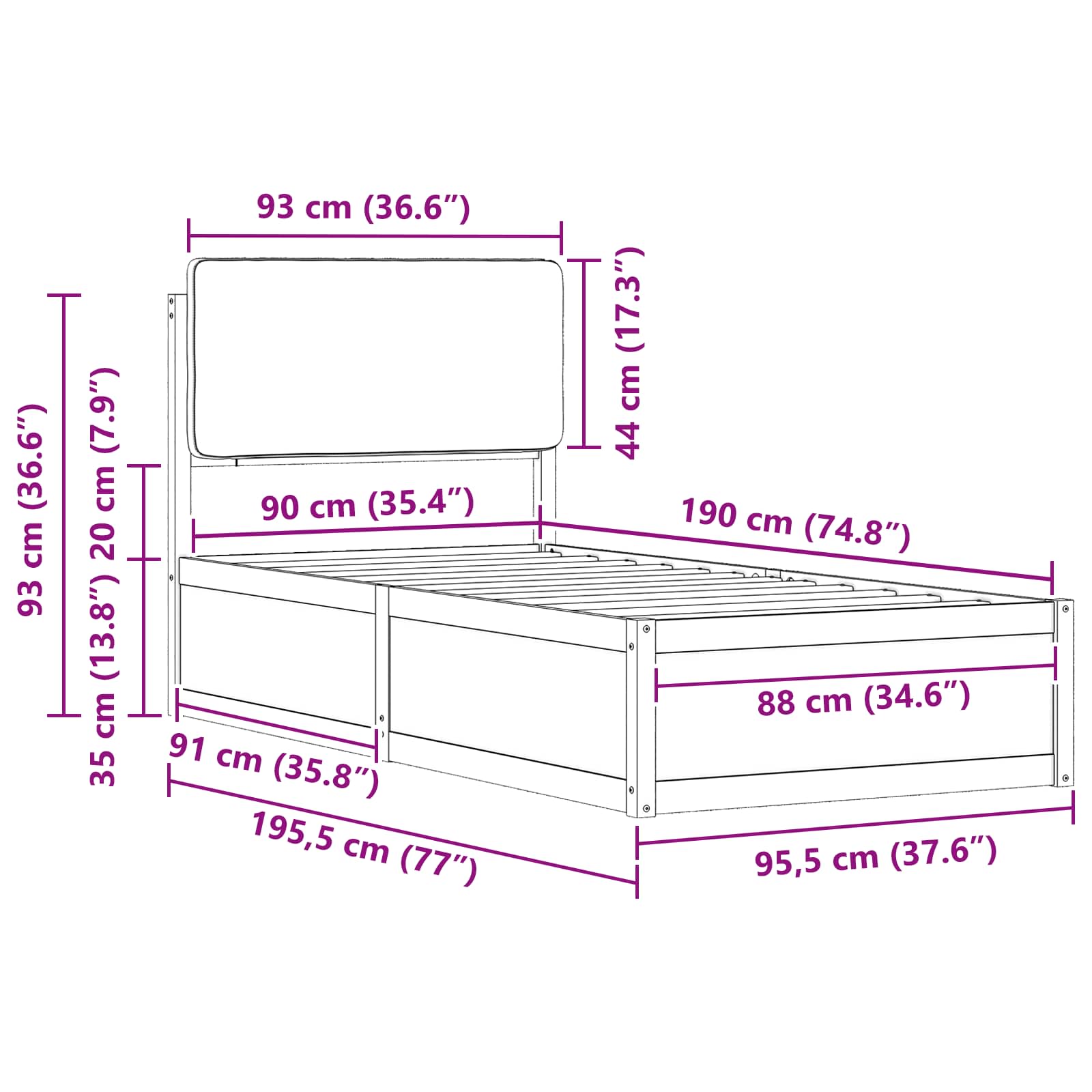 Cadru de pat cu tăblie tapițată Gri deschis 90 x 190 cm GartenMobel Dekor