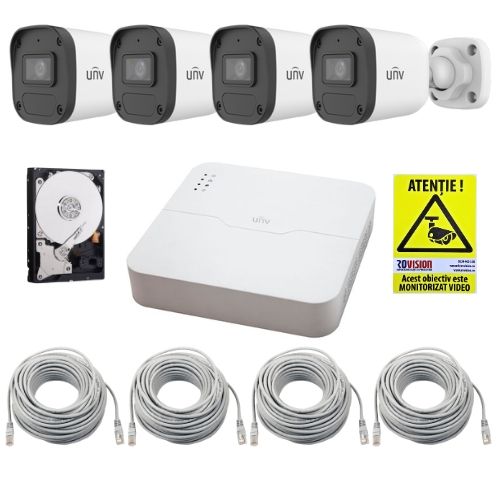 Sistem supraveghere IP UNV, 4 camere de exterior, 4MP, IR 30m, Microfon, PoE, Vizualizare pe mobil, NVR 4 canale, HDD 1TB, Accesorii SafetyGuard Surveillance