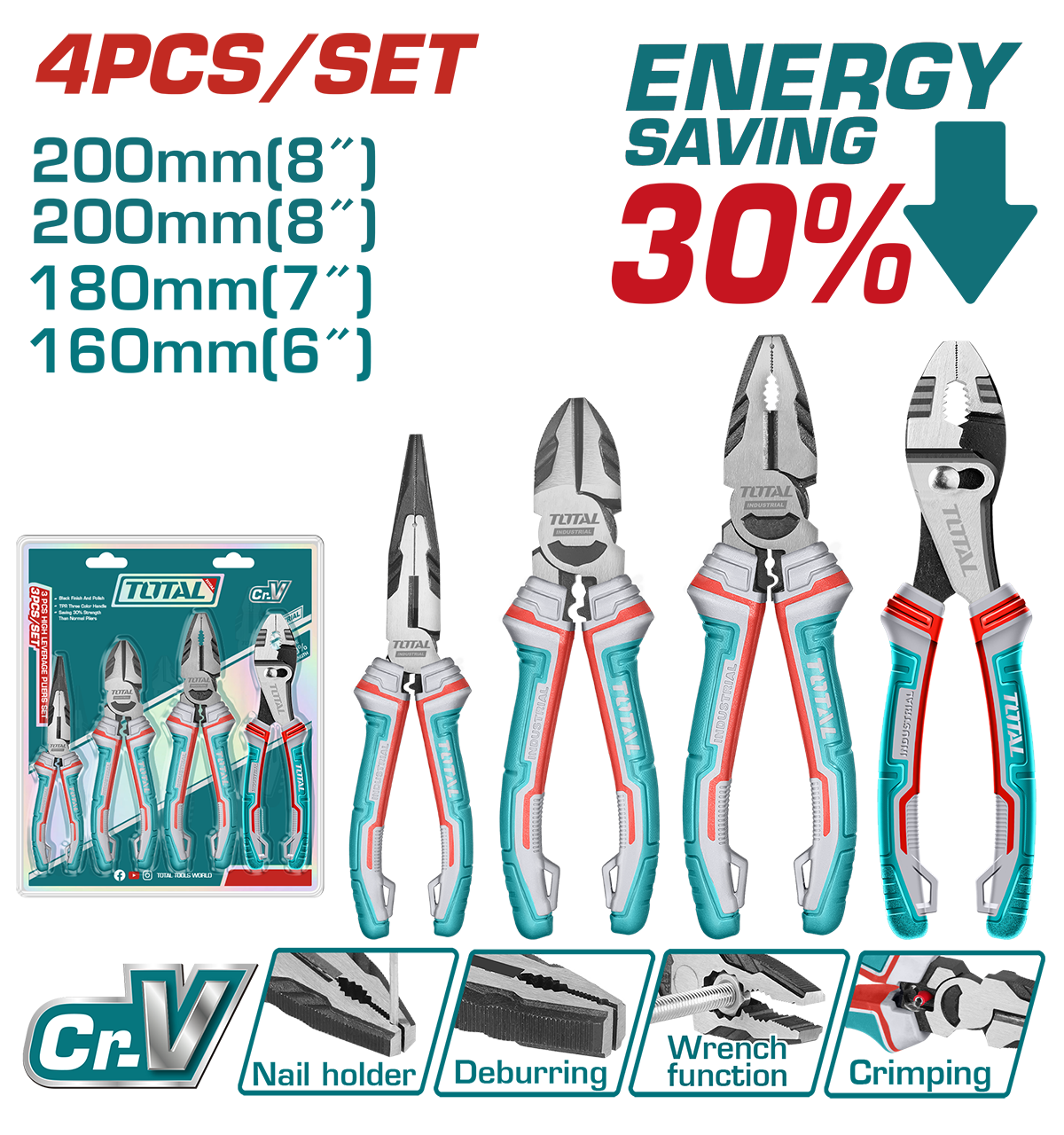 TOTAL - SET 4 CLESTI - CLESTE CU VARF ASCUTIT 6'', CLESTE TAIETOR 7'', PATENT 8