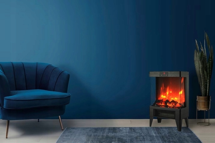 Semineu electric 2000W cu efect de flacara, termostat digital si timer, telecomanda, 52x32x18 cm, negru Household NewTrend