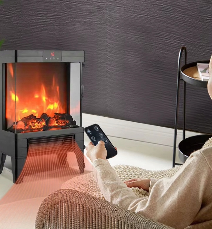 Semineu electric 2000W cu efect de flacara, termostat digital si timer, telecomanda, 52x32x18 cm, negru Household NewTrend