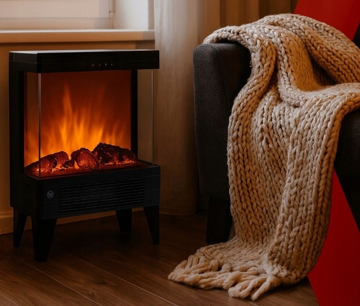 Semineu electric 2000W cu efect de flacara, termostat digital si timer, telecomanda, 52x32x18 cm, negru Household NewTrend