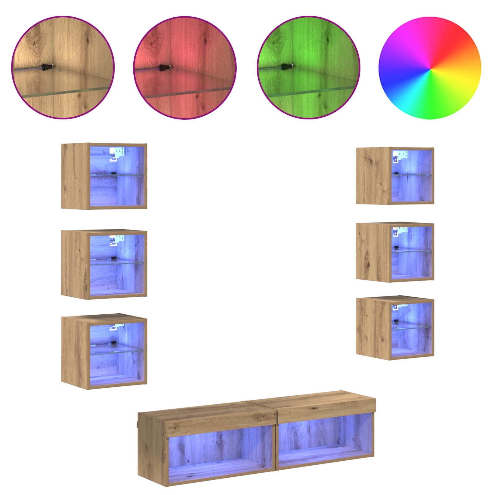 Cabinet TV cu lumini cu bandă LED 8 pcs Stejar Artizanal Sticlă GartenMobel Dekor