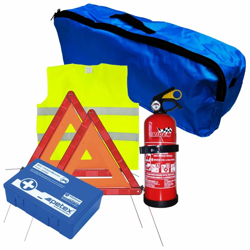 Set pachet prim ajutor auto trusa sanitara PET stingator 1kg Cridem triunghi presemnalizare 2buc vesta reflectorizanta geanta organizatoare Bleumarin Garage AutoRide
