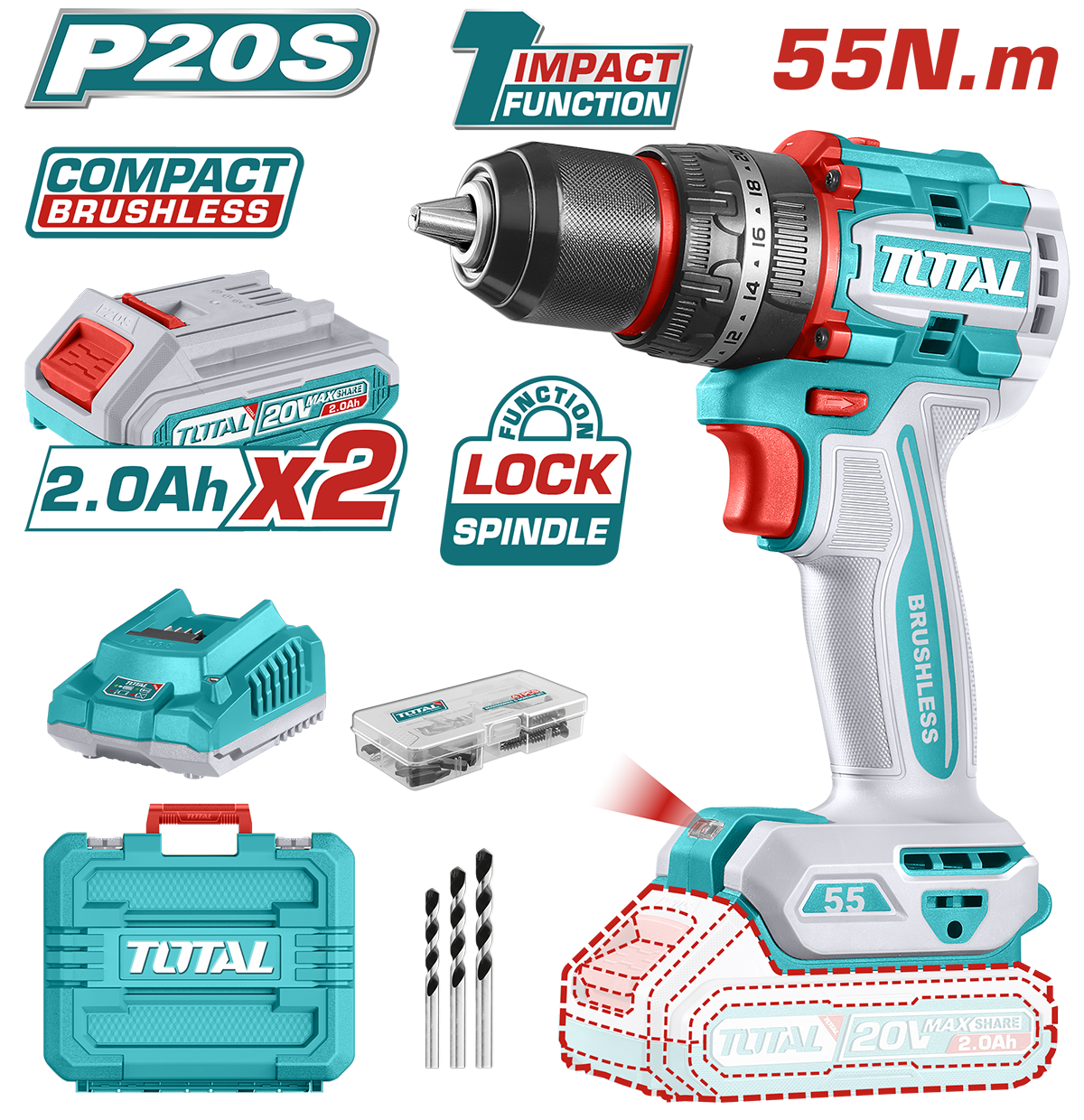 TOTAL - MASINA DE GAURIT CU PERCUTIE - 20V - 2.0AH LI-ION (INCLUDE 2 ACUMULATORI + 1 INCARCATOR) PowerTool TopQuality