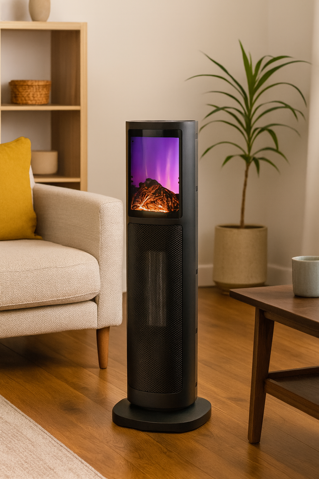 Semineu electric tip coloana cu efect de flacara, 2000W, termostat, 20x20x64 cm, negru Household NewTrend