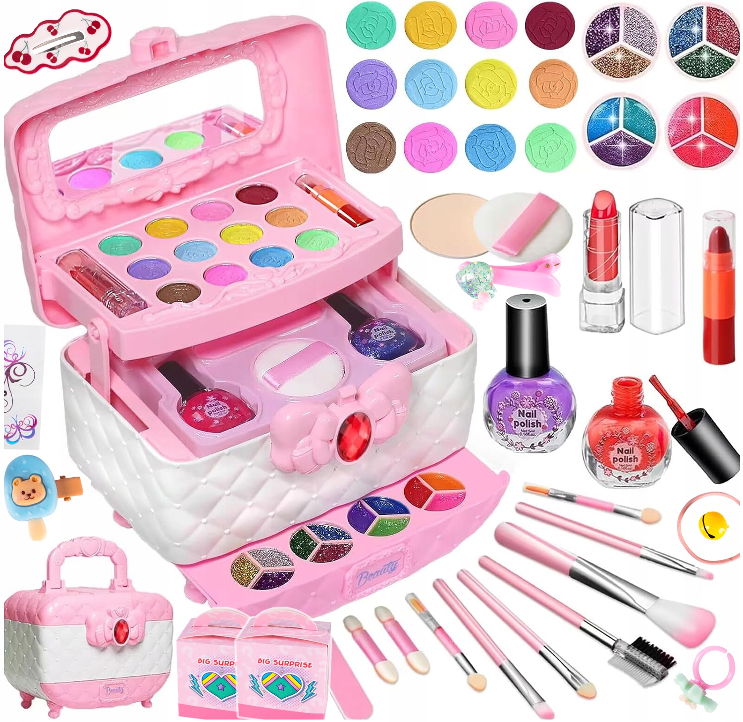 Trusa de machiaj pentru copii cu 3 niveluri, accesorii make-up si unghii, 17x12x14 cm, roz Household NewTrend