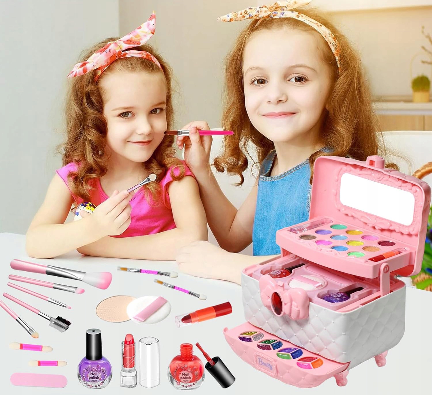 Trusa de machiaj pentru copii cu 3 niveluri, accesorii make-up si unghii, 17x12x14 cm, roz Household NewTrend
