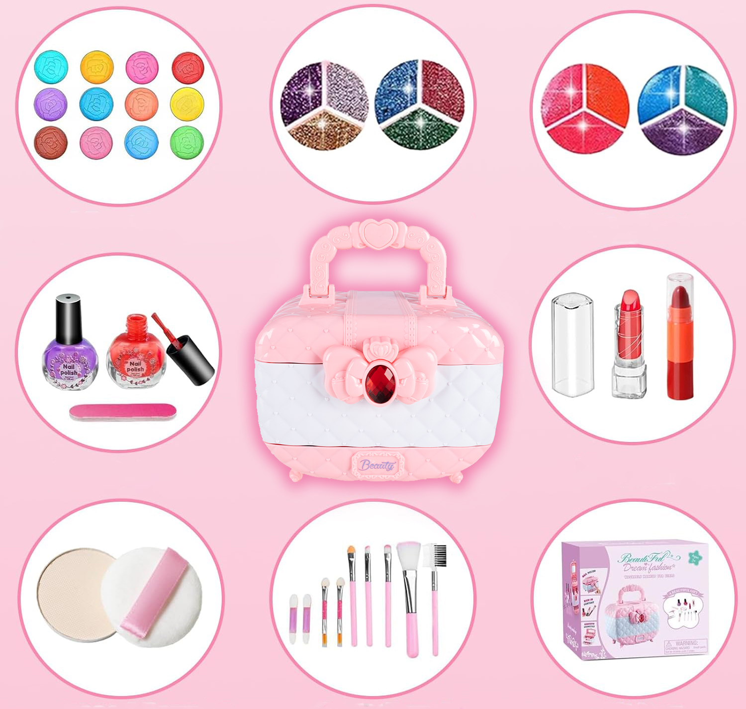 Trusa de machiaj pentru copii cu 3 niveluri, accesorii make-up si unghii, 17x12x14 cm, roz Household NewTrend