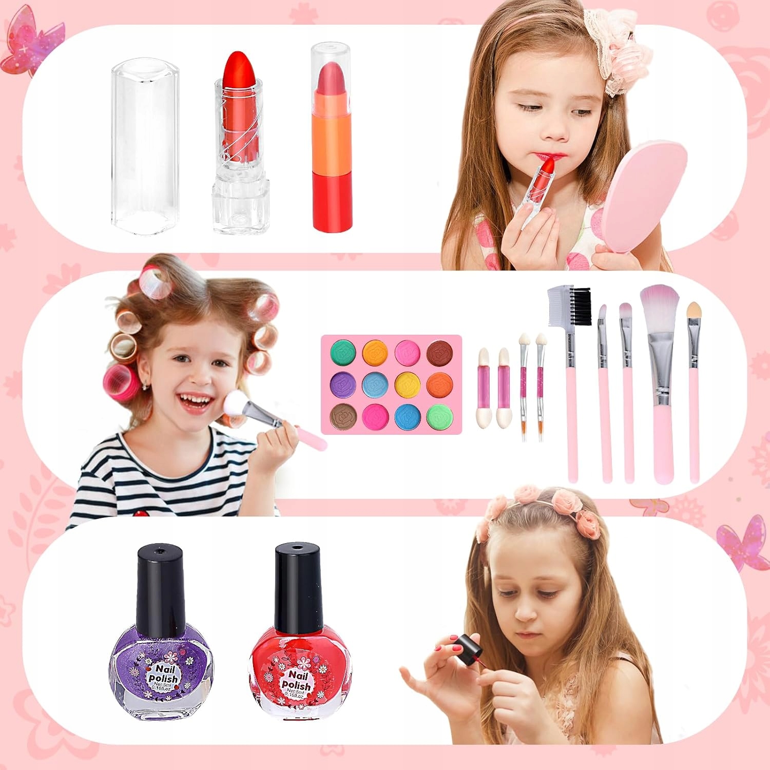 Trusa de machiaj pentru copii cu 3 niveluri, accesorii make-up si unghii, 17x12x14 cm, roz Household NewTrend
