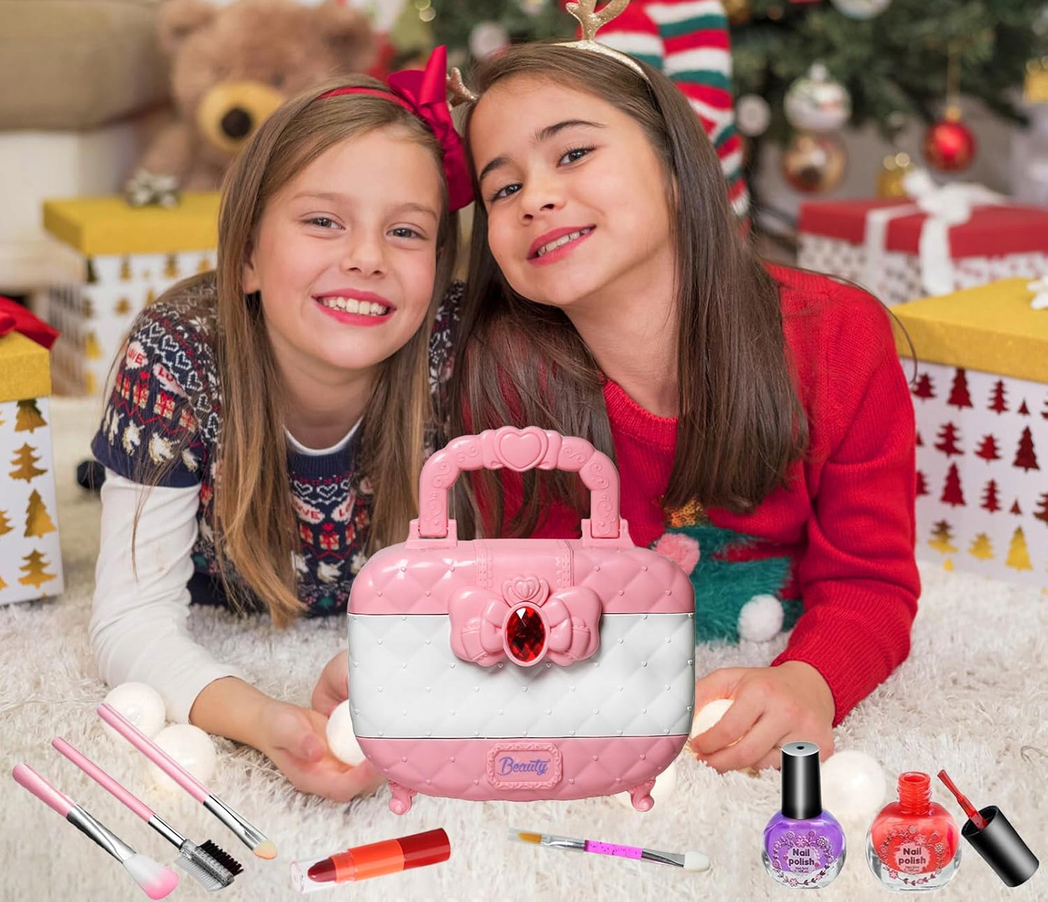 Trusa de machiaj pentru copii cu 3 niveluri, accesorii make-up si unghii, 17x12x14 cm, roz Household NewTrend