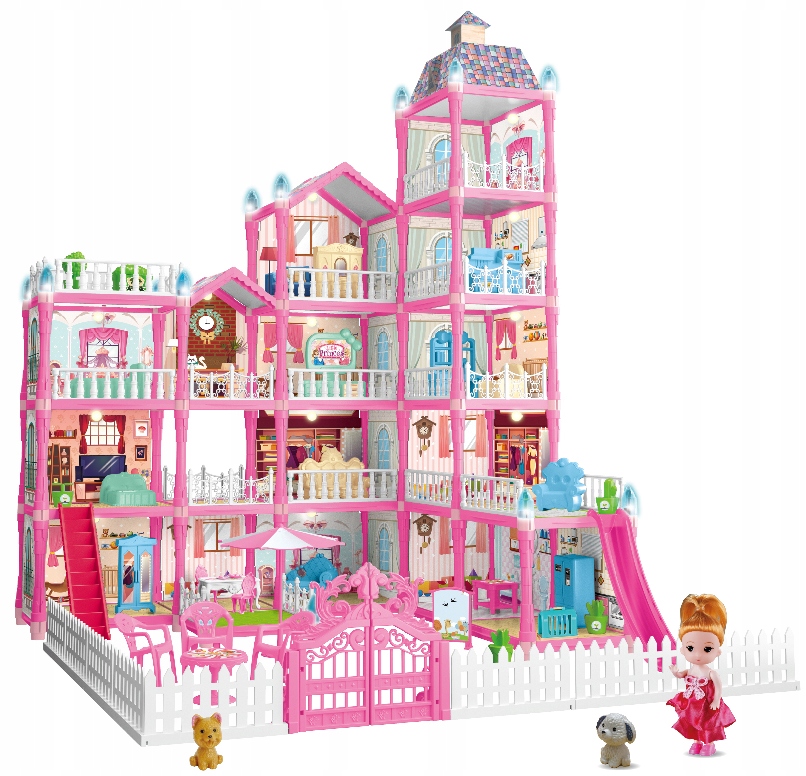 Casa de papusi pentru copii cu 374 piese, animale, mobilier si accesorii, 80x60x50 cm, roz Household NewTrend