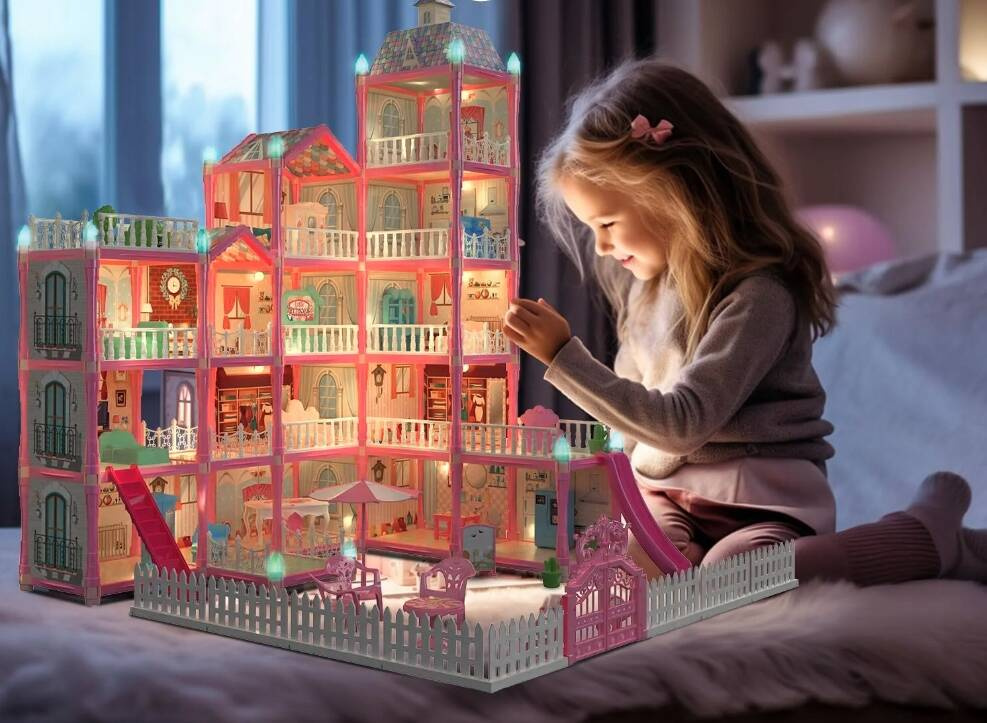 Casa de papusi pentru copii cu 374 piese, animale, mobilier si accesorii, 80x60x50 cm, roz Household NewTrend