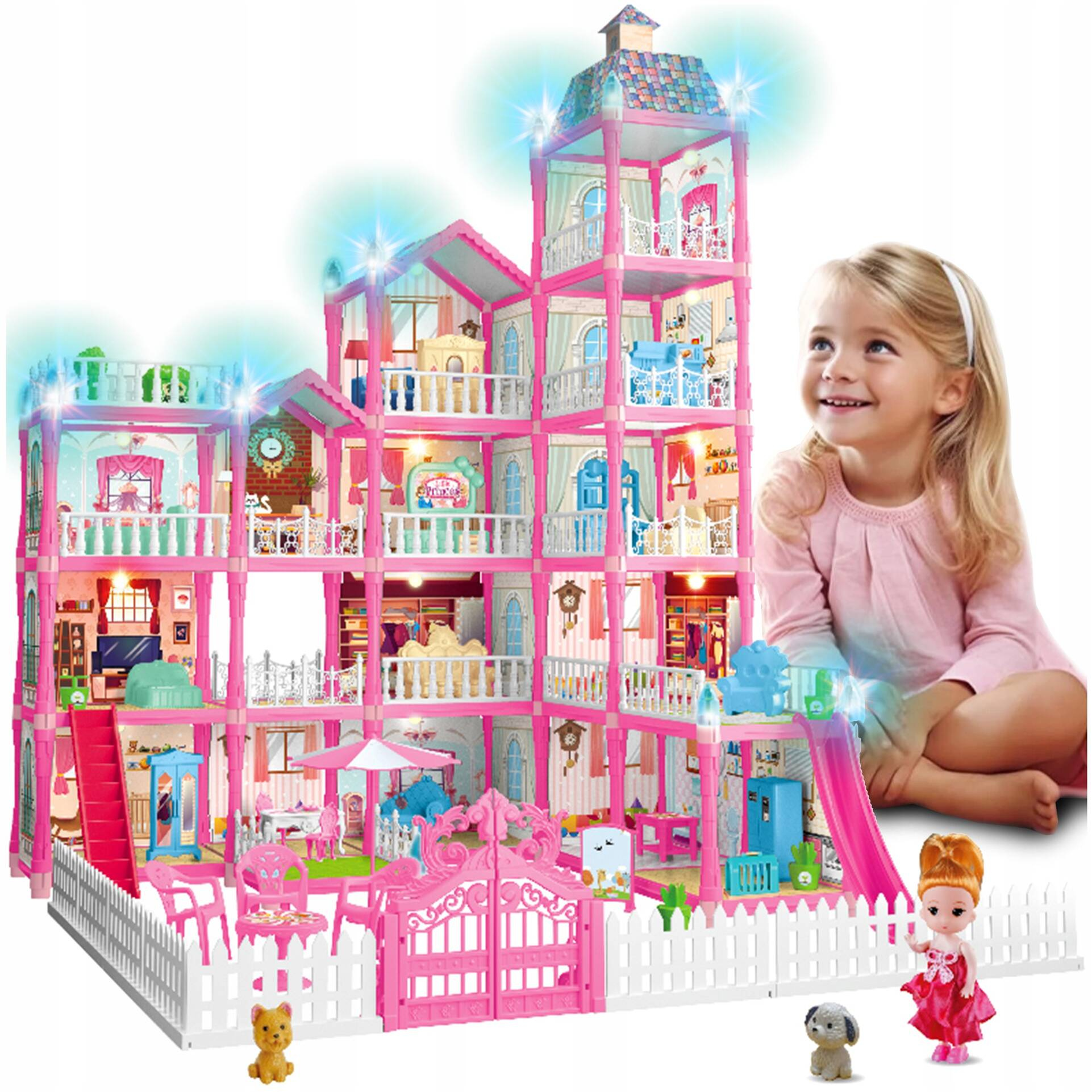 Casa de papusi pentru copii cu 374 piese, animale, mobilier si accesorii, 80x60x50 cm, roz Household NewTrend