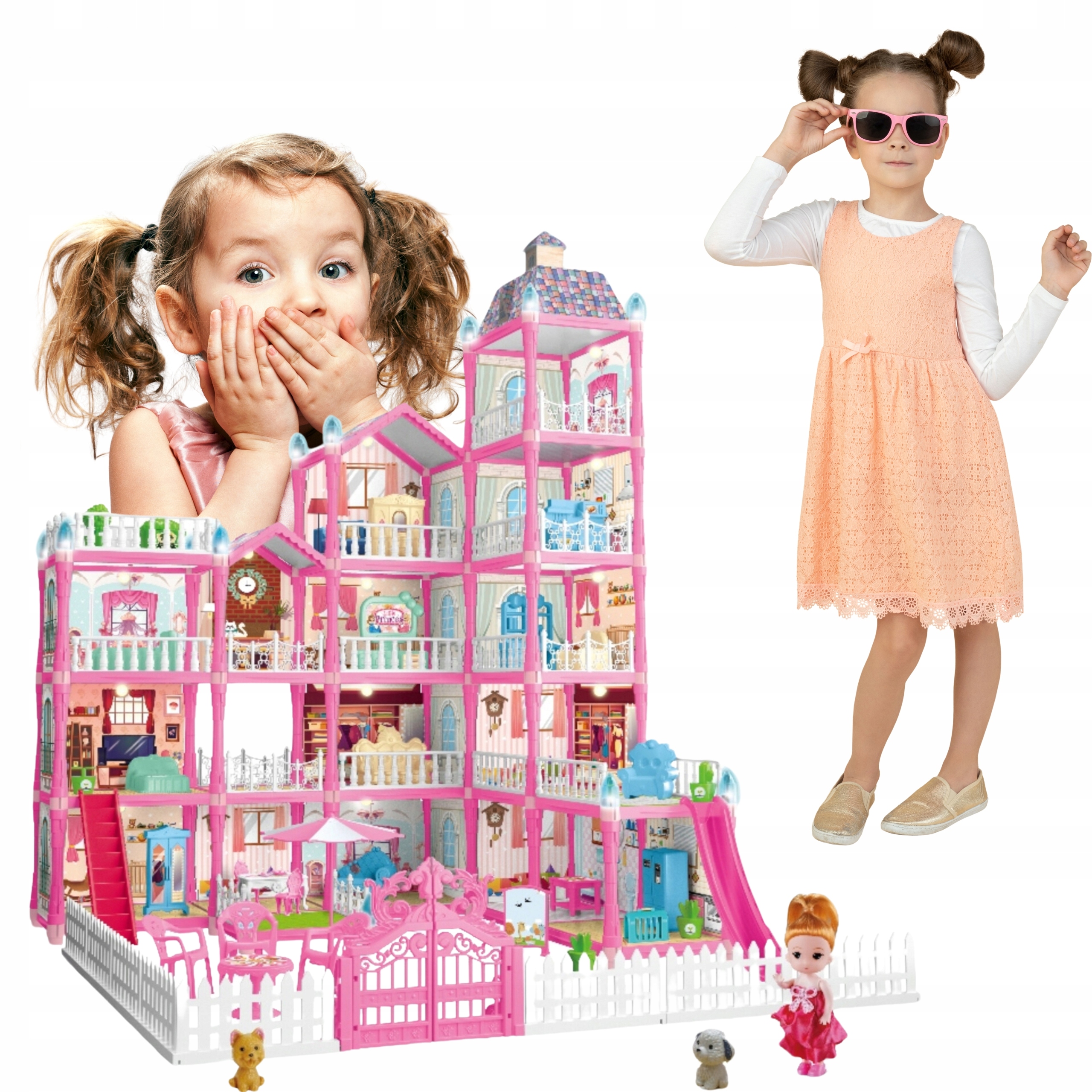 Casa de papusi pentru copii cu 374 piese, animale, mobilier si accesorii, 80x60x50 cm, roz Household NewTrend