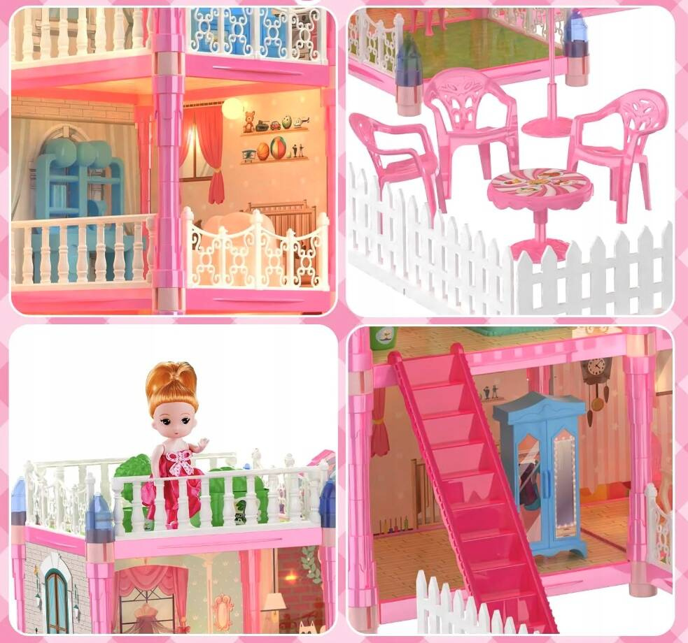 Casa de papusi pentru copii cu 374 piese, animale, mobilier si accesorii, 80x60x50 cm, roz Household NewTrend