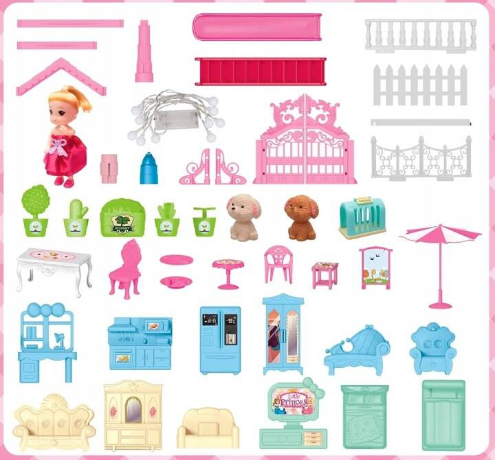 Casa de papusi pentru copii cu 374 piese, animale, mobilier si accesorii, 80x60x50 cm, roz Household NewTrend