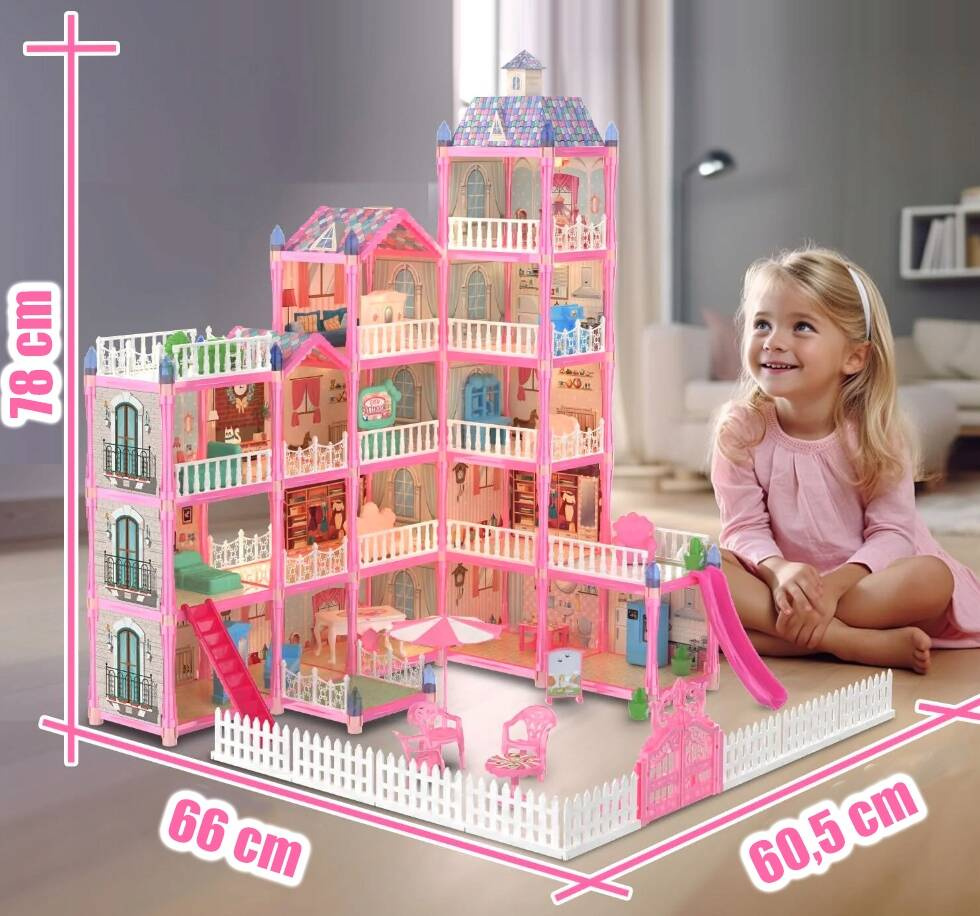 Casa de papusi pentru copii cu 374 piese, animale, mobilier si accesorii, 80x60x50 cm, roz Household NewTrend