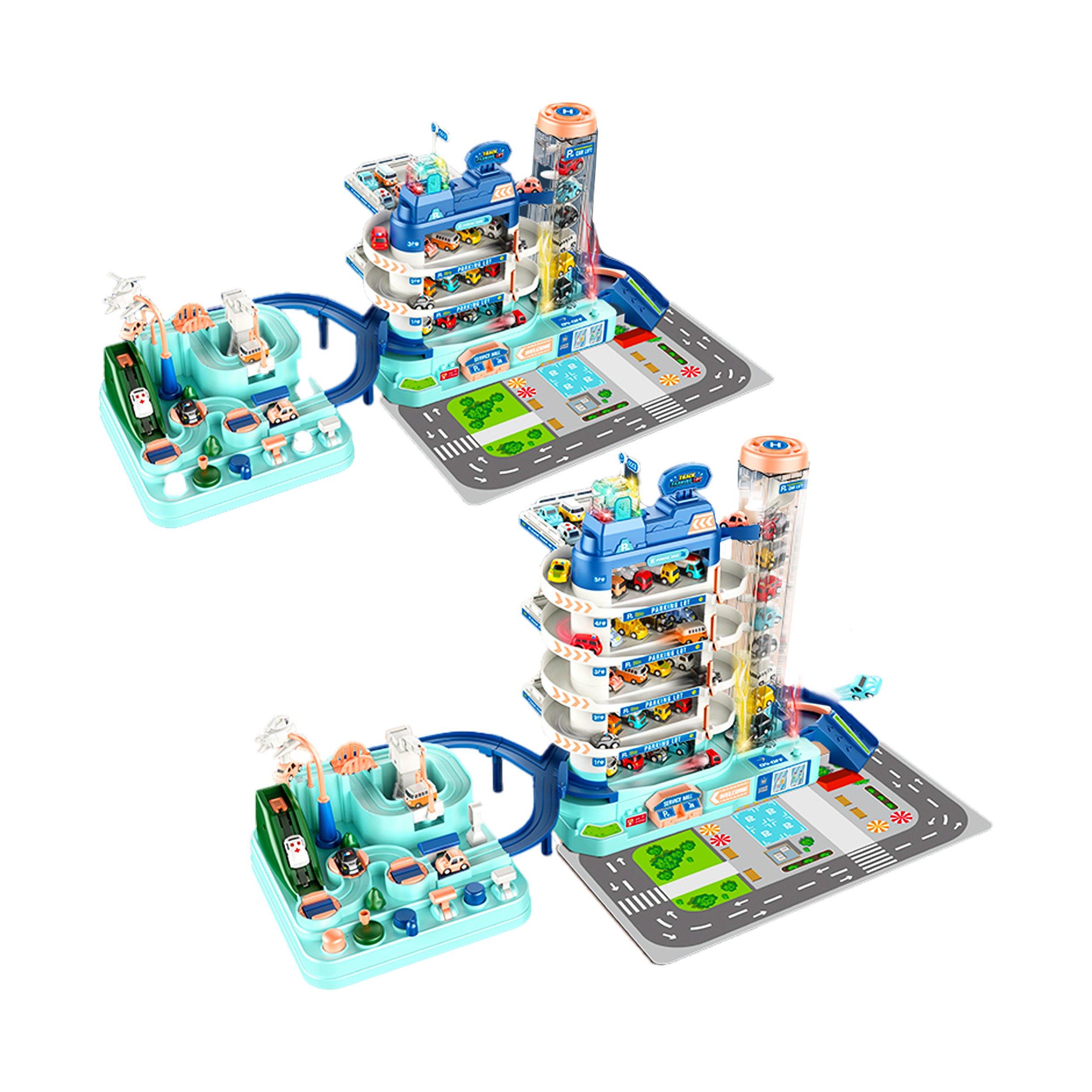 Garaj auto pentru copii cu parcare multipla, lift electric, masini incluse, cu pista, 30x30x25 cm Household NewTrend