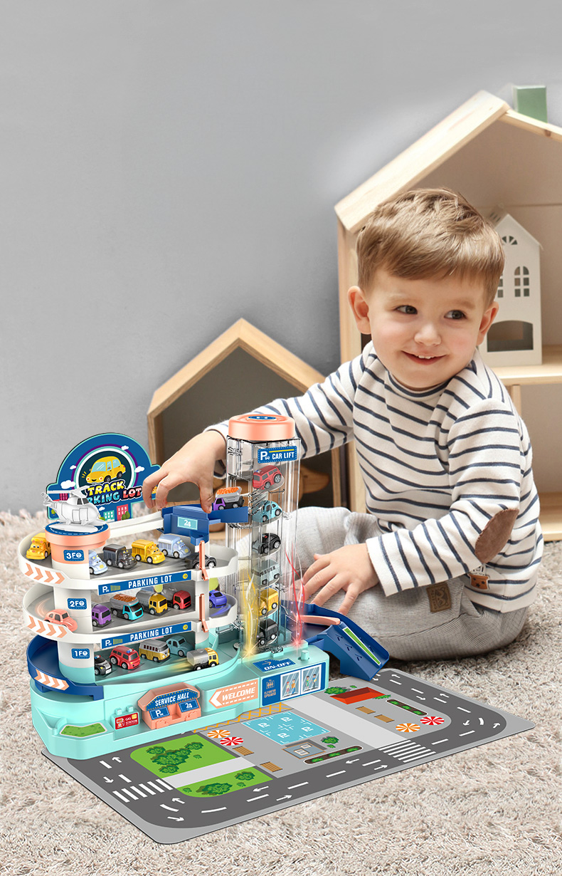 Garaj auto pentru copii cu parcare multipla, lift electric, masini incluse, cu pista, 30x30x25 cm Household NewTrend