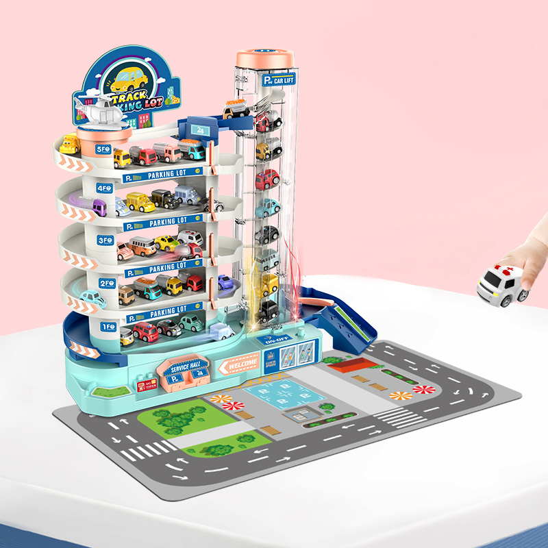 Garaj auto pentru copii cu parcare multipla, lift electric, masini incluse, cu pista, 30x30x25 cm Household NewTrend