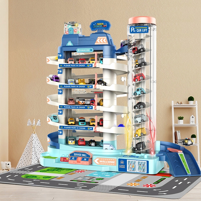 Garaj auto pentru copii cu parcare multipla, lift electric, masini incluse, cu pista, 30x30x25 cm Household NewTrend