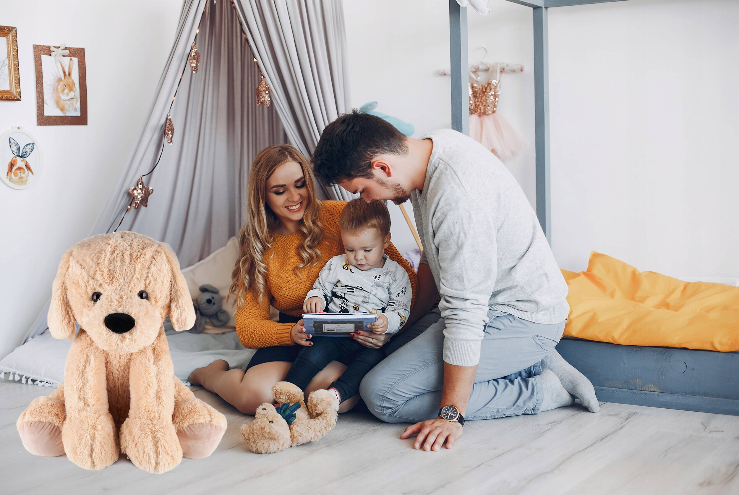 Jucarie plusata catel urias, foarte moale si pufoasa, 60x50 cm, maro Household NewTrend