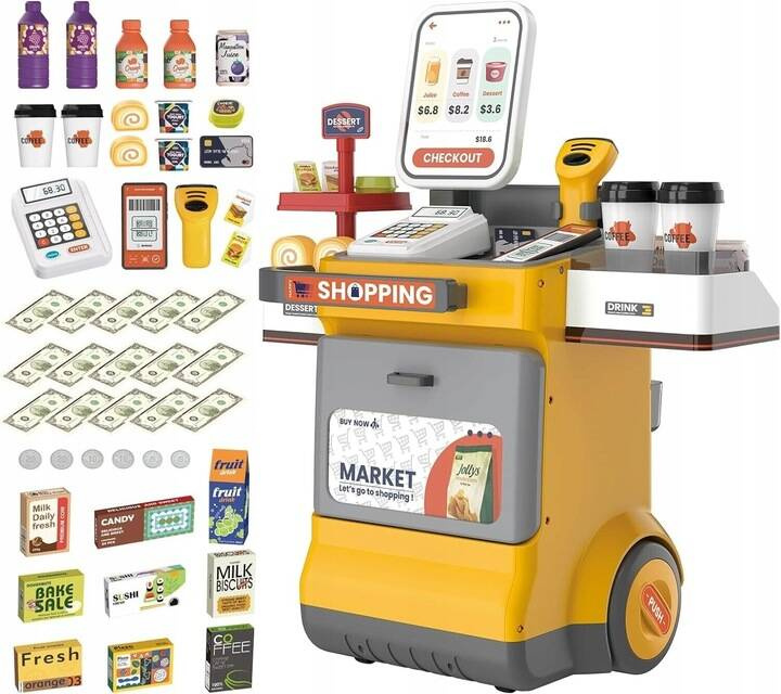 Set magazin pentru copii cu lada si roti, sunete, rafturi multiple, 48x30x58 cm, multicolor Household NewTrend