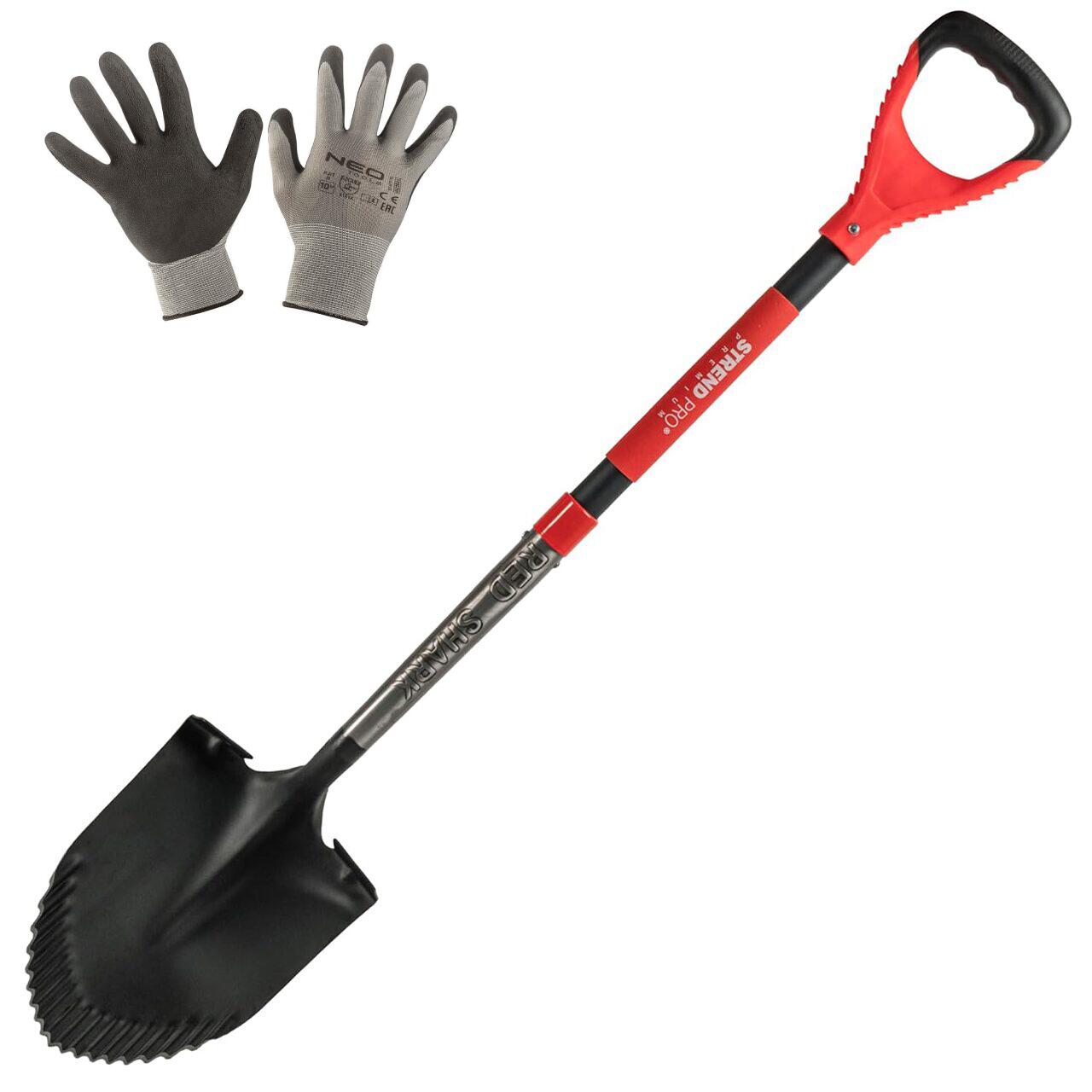 Set harlet, cazma, ascutit, margini zimtate, maner fibra sticla, 115 cm, cu manusi, RedShark GartenVIP DiyLine