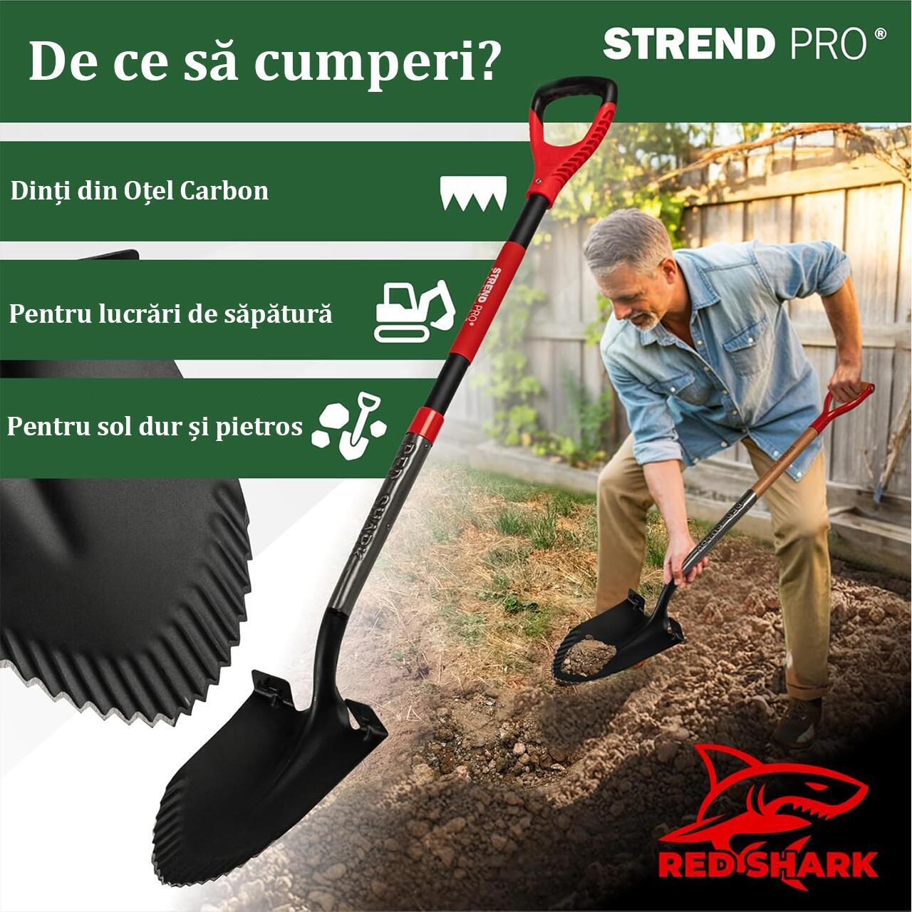 Set harlet, cazma, ascutit, margini zimtate, maner fibra sticla, 115 cm, cu manusi, RedShark GartenVIP DiyLine