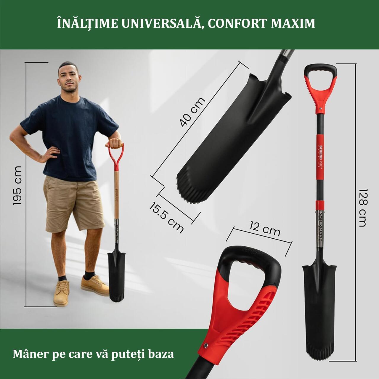 Set harlet, cazma, ingust, varf zimtat, maner fibra sticla, 128 cm, cu manusi, RedShark GartenVIP DiyLine