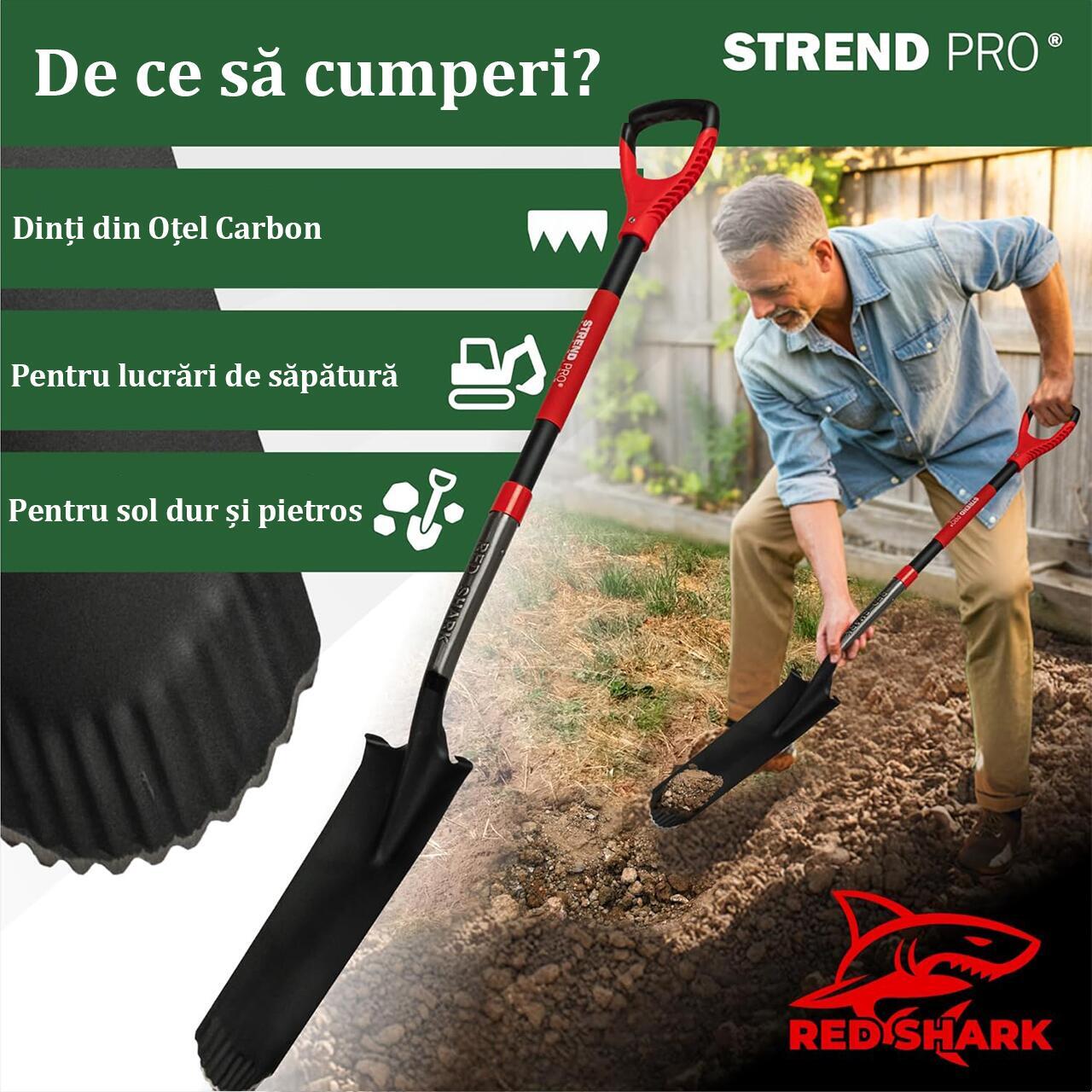 Set harlet, cazma, ingust, varf zimtat, maner fibra sticla, 128 cm, cu manusi, RedShark GartenVIP DiyLine