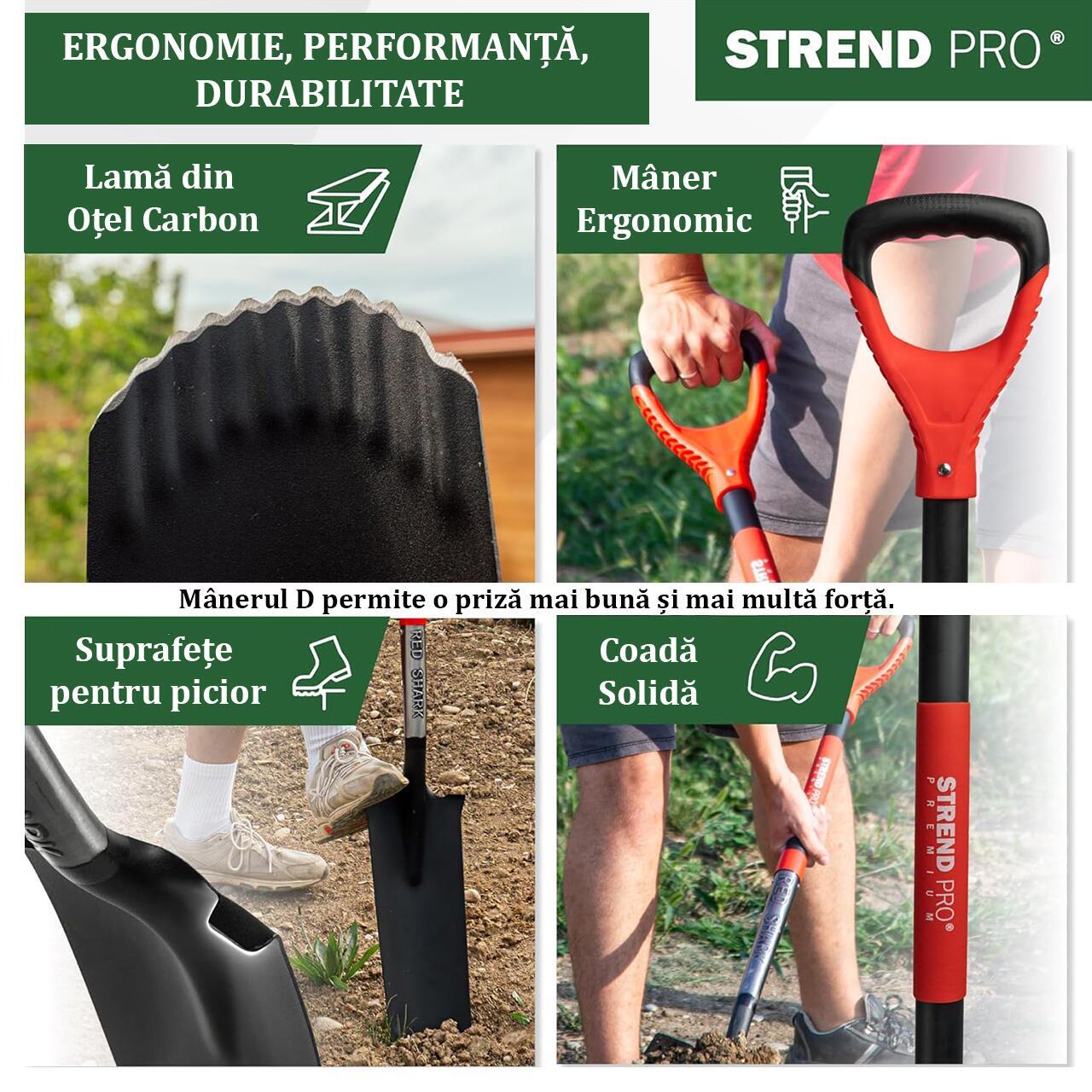 Set harlet, cazma, ingust, varf zimtat, maner fibra sticla, 128 cm, cu manusi, RedShark GartenVIP DiyLine