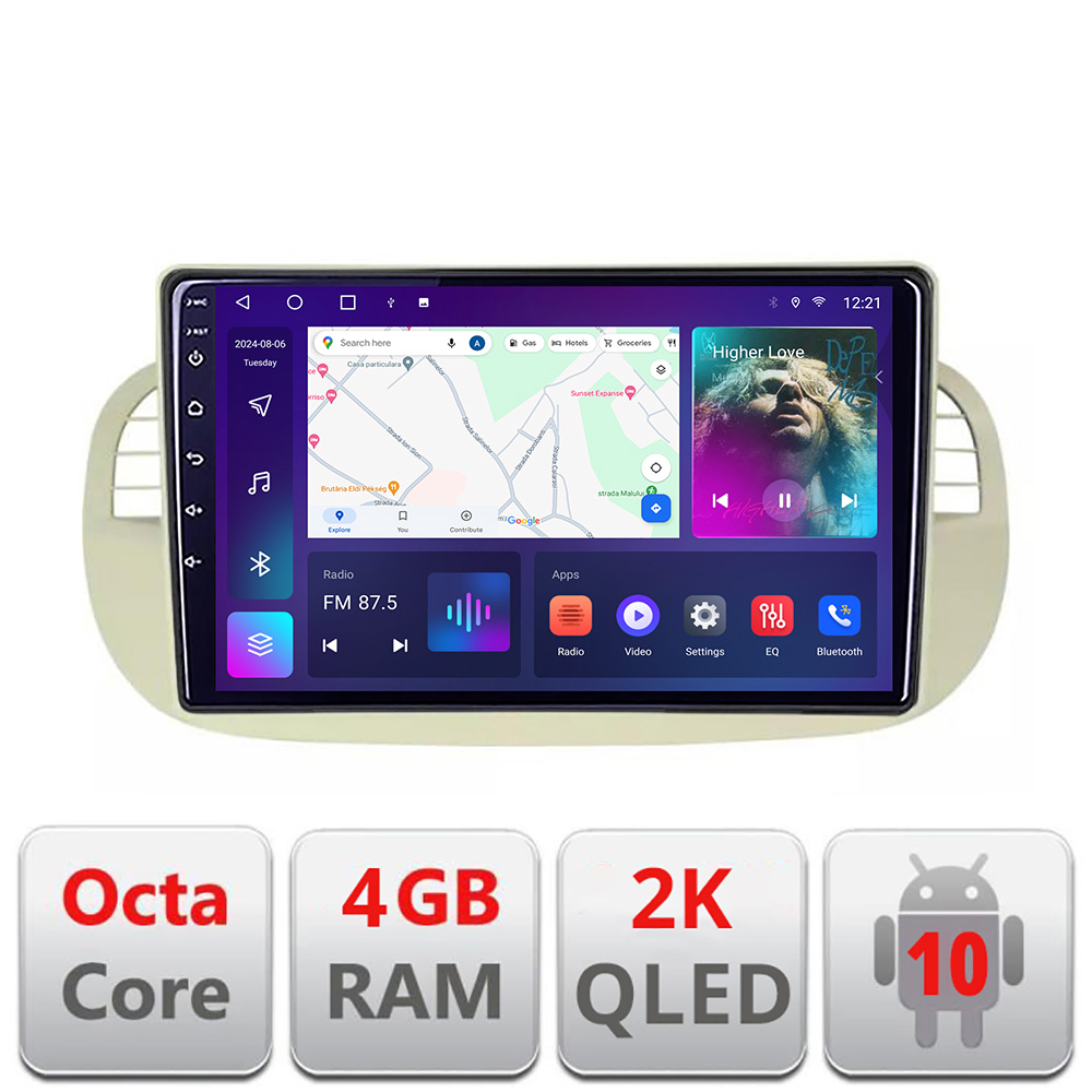 Navigatie Fiat 500 intre anii 2007-2015 Android Octa Core Ecran 2K QLED GPS 4G 4+32GB 360 KIT-fiat500+EDT-E409-2K CarStore Technology