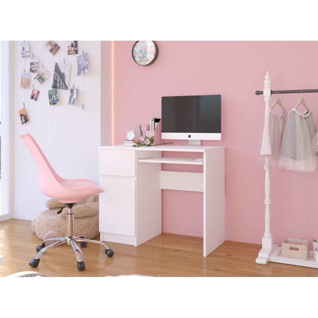 Birou computer PIKSEL, cu sertar, dulap si raft pentru tastatura, stanga, 90x50x77 cm, alb Household NewTrend